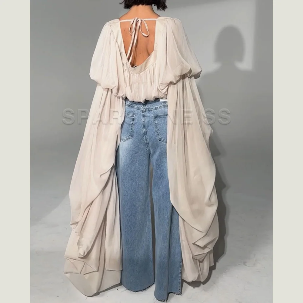 Women Chiffon Crop Top, Puff Long Sleeve Blouse, Square Neck Backless Tie Sheer Shirt for Party Nightclub view 6