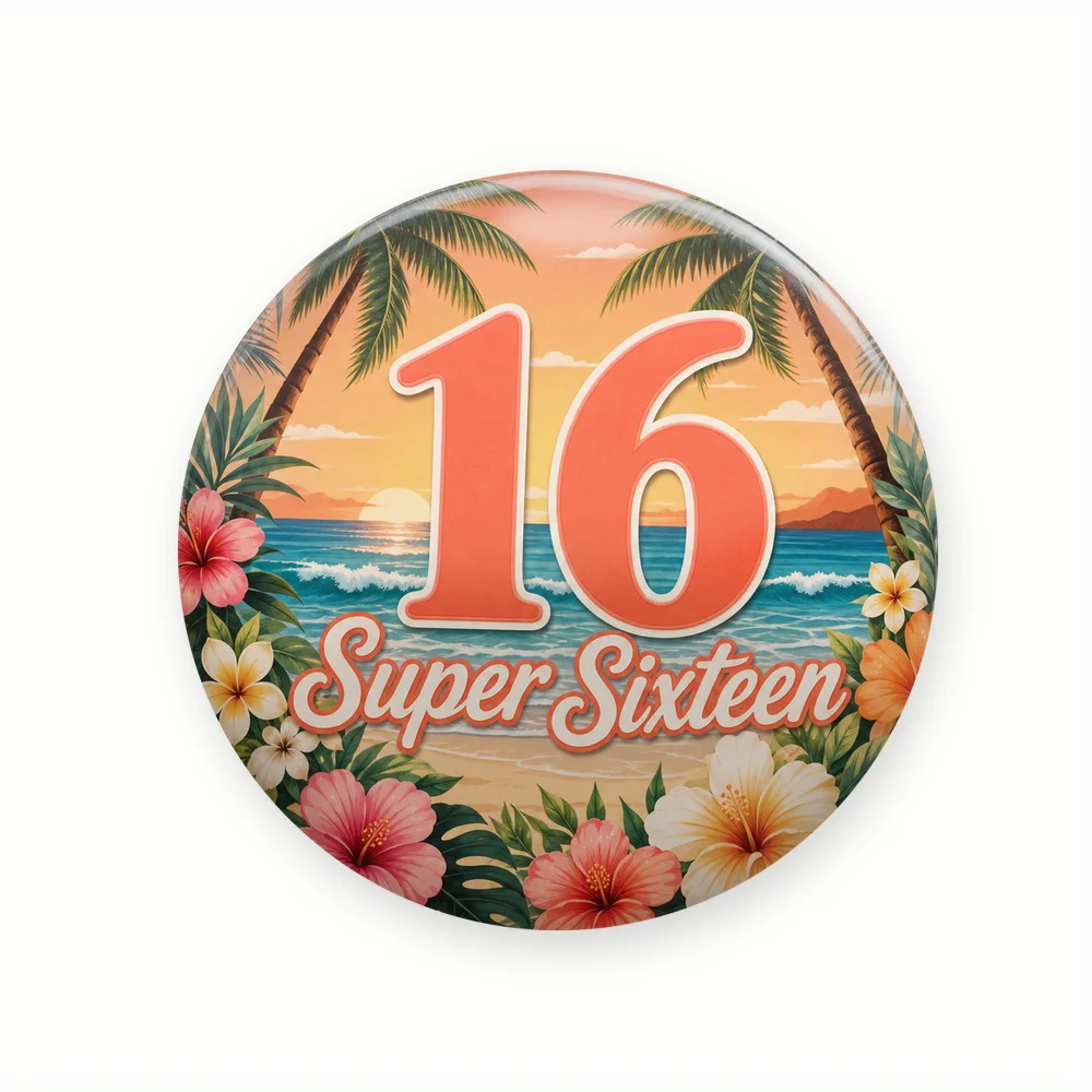 1pc, 2D Flat Sixteen Celebration Design Button Badge, Trendy and eye catching, Round handcrafted button style, Round 44mm, Great