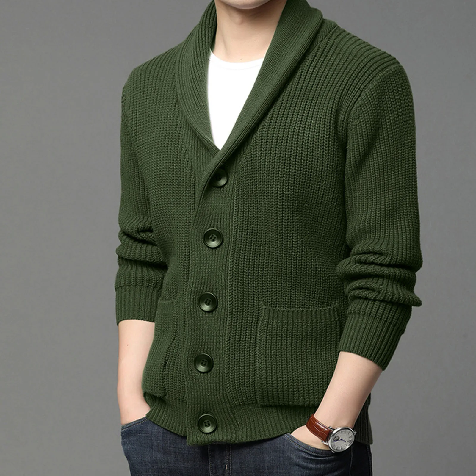 Army Green Cardigan Men Button-Up Sweater Autumn Winter Knitted Coat Thick Warm Casual Solid Streetwear Men‘S Fashion Clothing