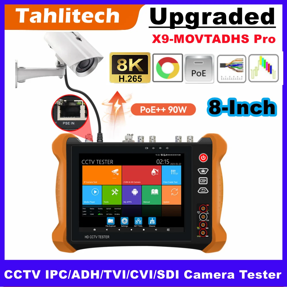 

8 "8K 32MP Тестер IP-камеры видеонаблюдения X9-MOVTADHS Pro POE++ 90 Вт Выходная мощность HDMI VGA WIFI Rapid ONVIF SFP RJ45 Тестер сетевых кабелей