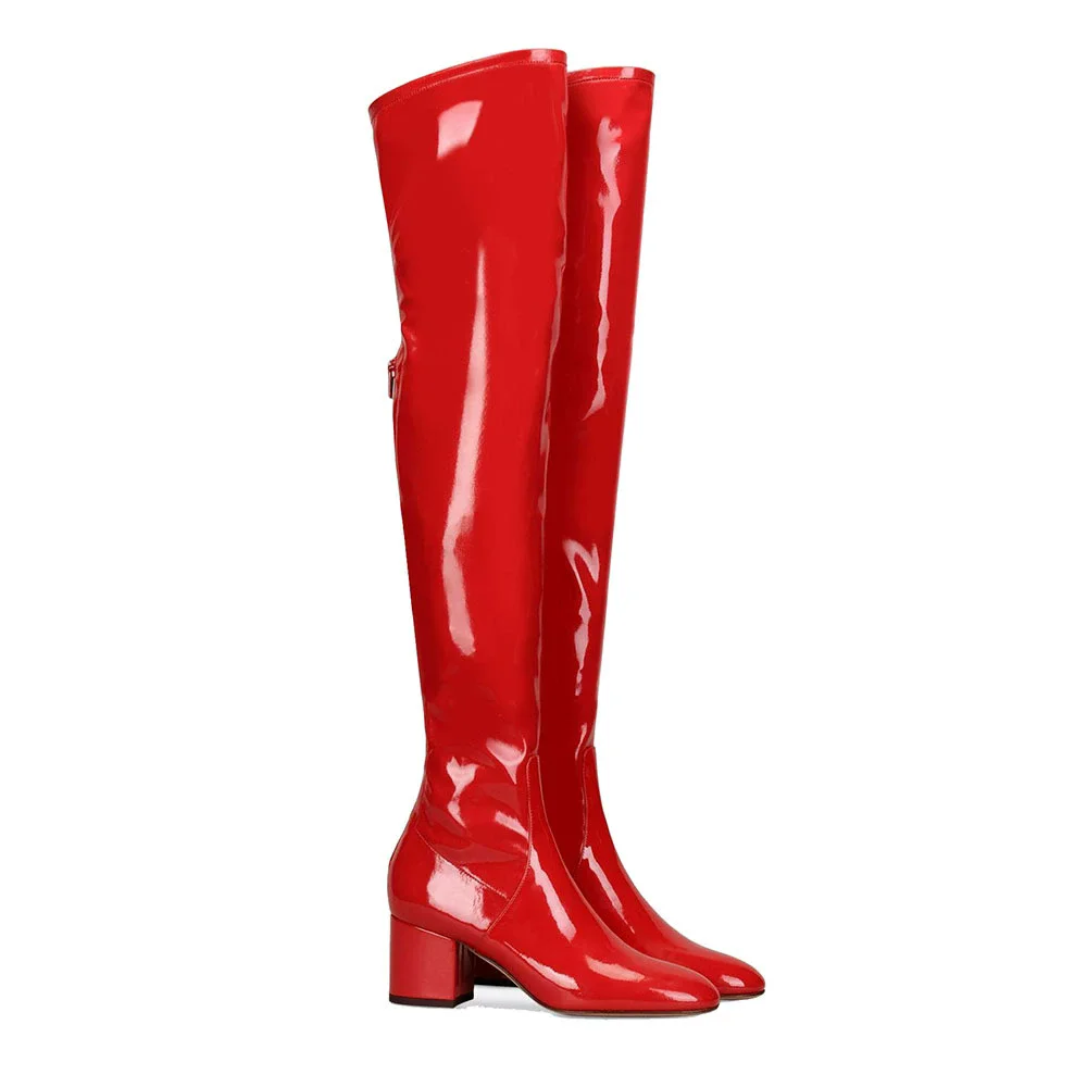 Spring new flat toe red patent leather rear zipper square heel over-the-knee boots daily dress large-size high-heeled women boot view 4