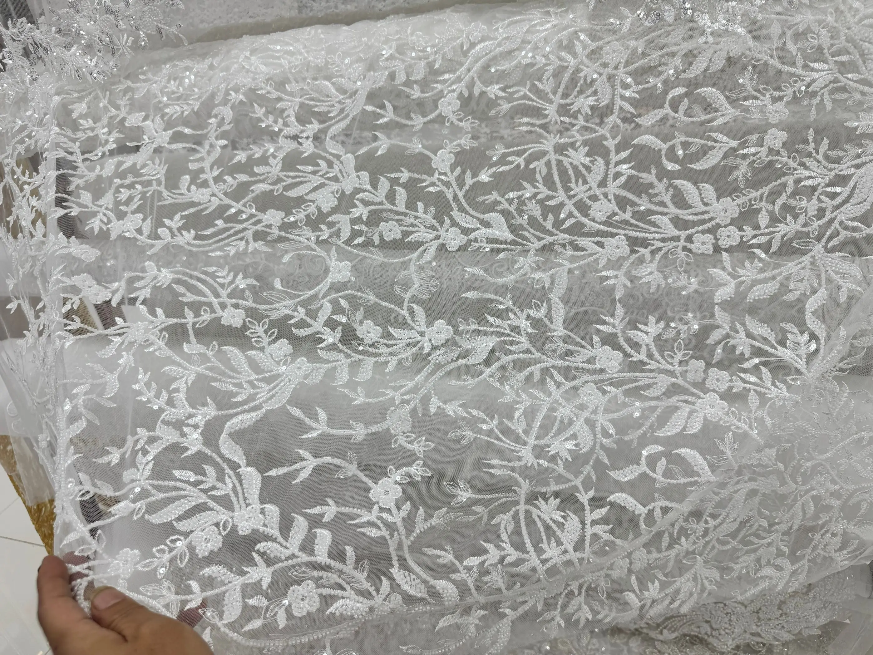 Ivory Beaded Lace Fabric Floral Embroidered Tulle with Sequins for Wedding Dress Bridal Gown Applique Material Appliqued Textile