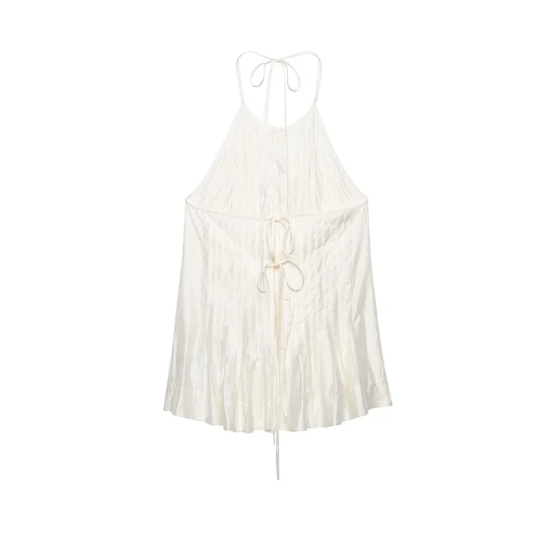 NINE ZAR Women's Gathered Neckline Halter Top Vest Casual Polyester Loose Fit Mid-Length Outerwear with Bow Tie