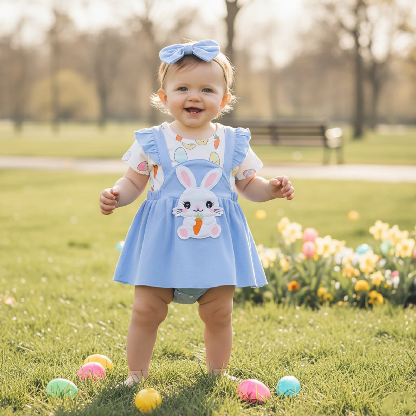 Cute Baby Girl Easter Outfit Bunny Carrot Applique Short Sleeve Romper Dress and Bow Headband 2 Piece Set