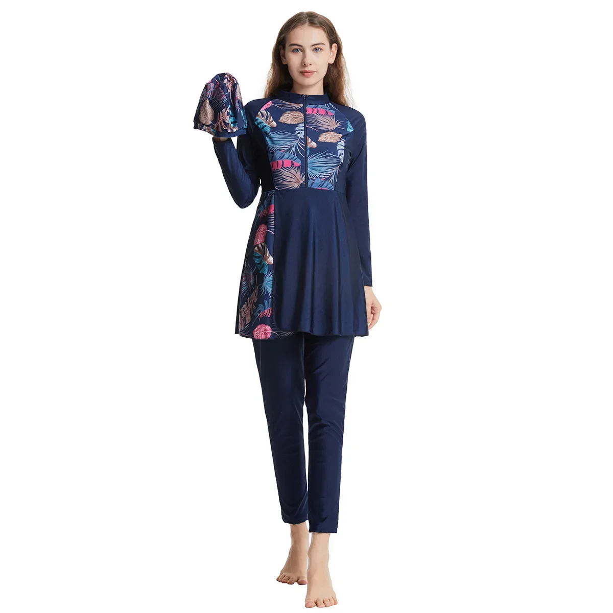 Women Muslim Swimwears Tops Print Kaftan Arab Pencil Pants Three Pieces Elastic Waist Swim Bathing Cap Spliced Sportswear