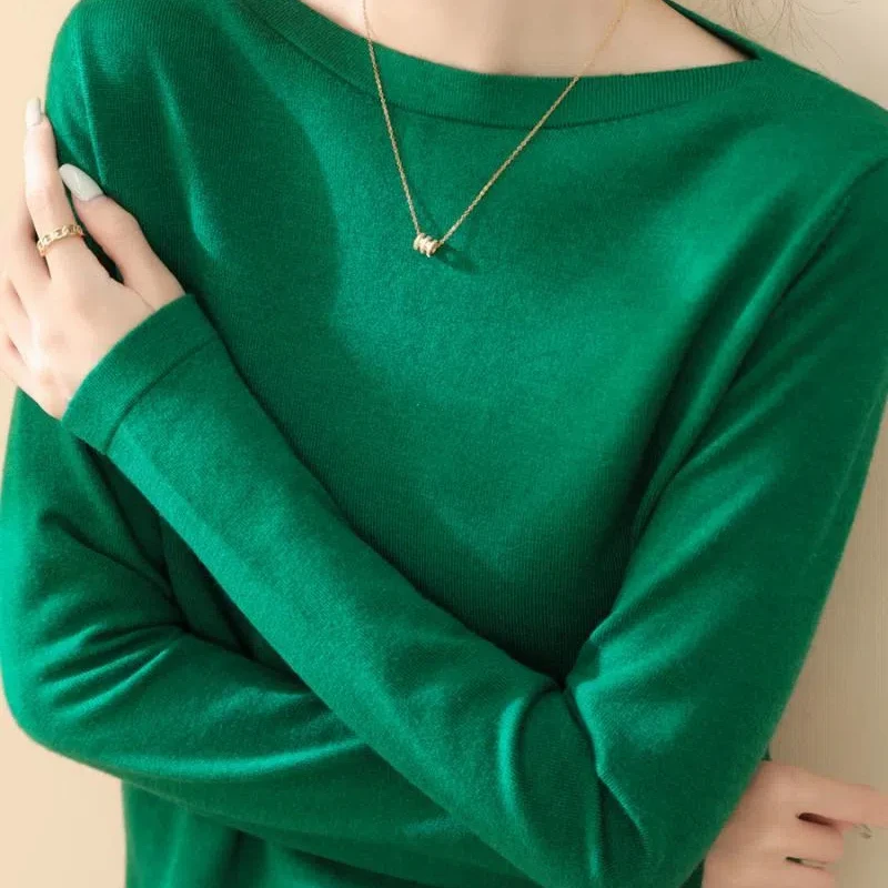 Spring Autumn Women\'s Clothing Solid Color Long Sleeve Round Neck Pullover Sweater Knitted Undershirts Casual All-match Tops