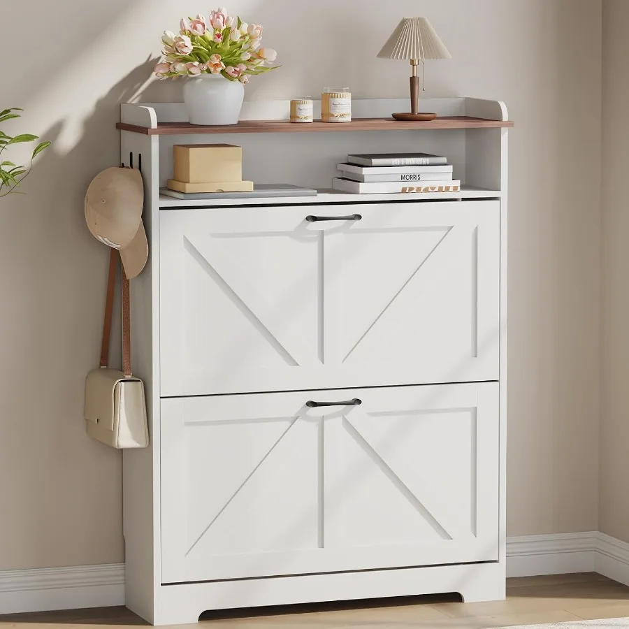 Farmhouse Shoe Cabinet Organizer with 2 Flip Drawers, 31.5