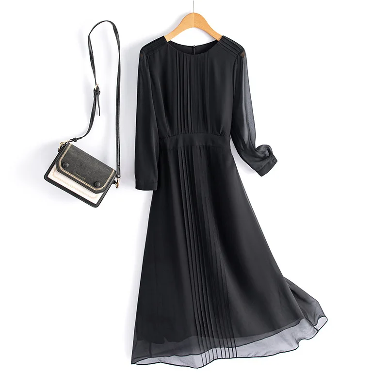 Silk dress with five-point sleeve, pleated, black, Mulberry, new, d50505, spring and summer