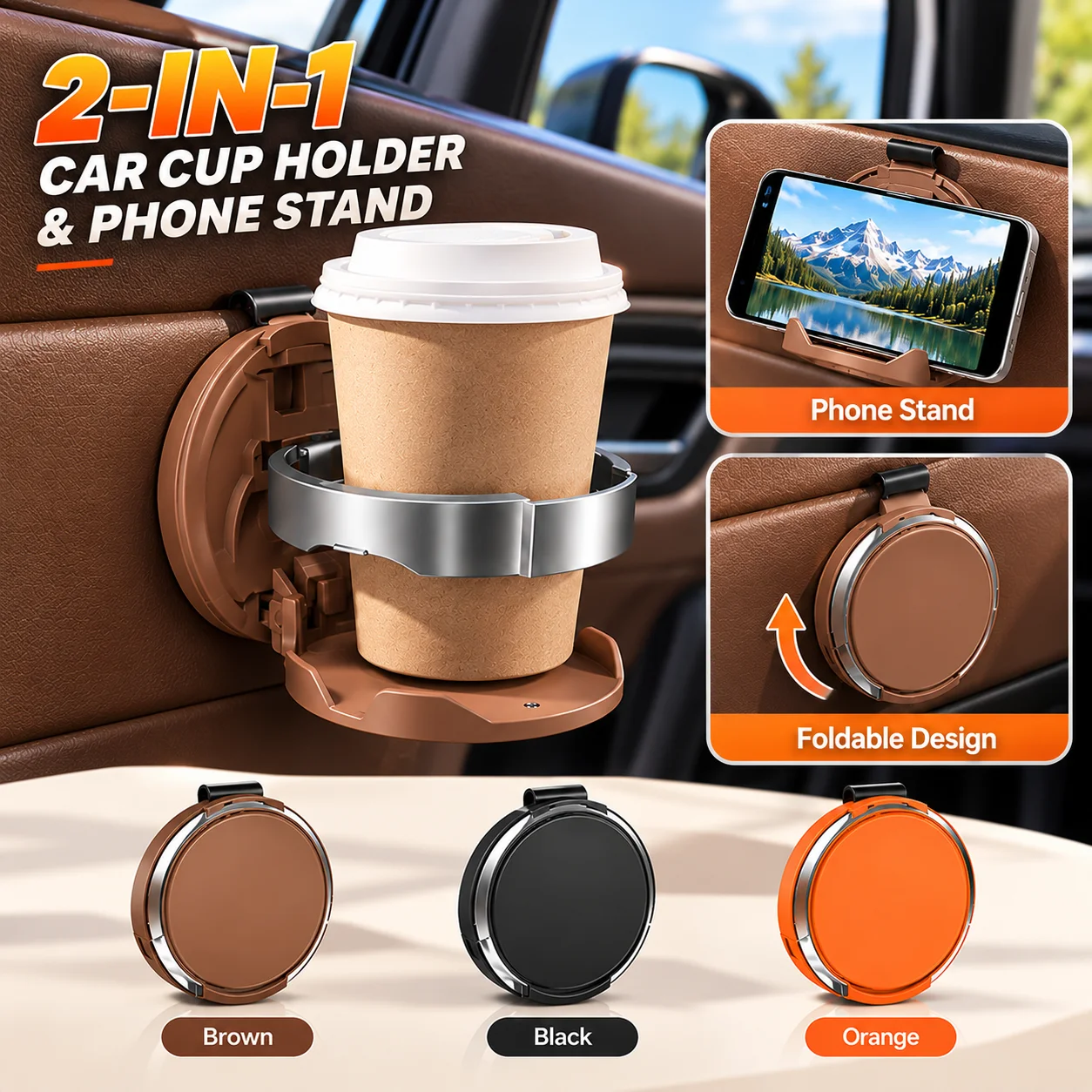 2-in-1 Car Door Folding Cup Holder Phone Holder Universal Portable Drink Rack Water Bottle Storage Bin Car Interior Organizer