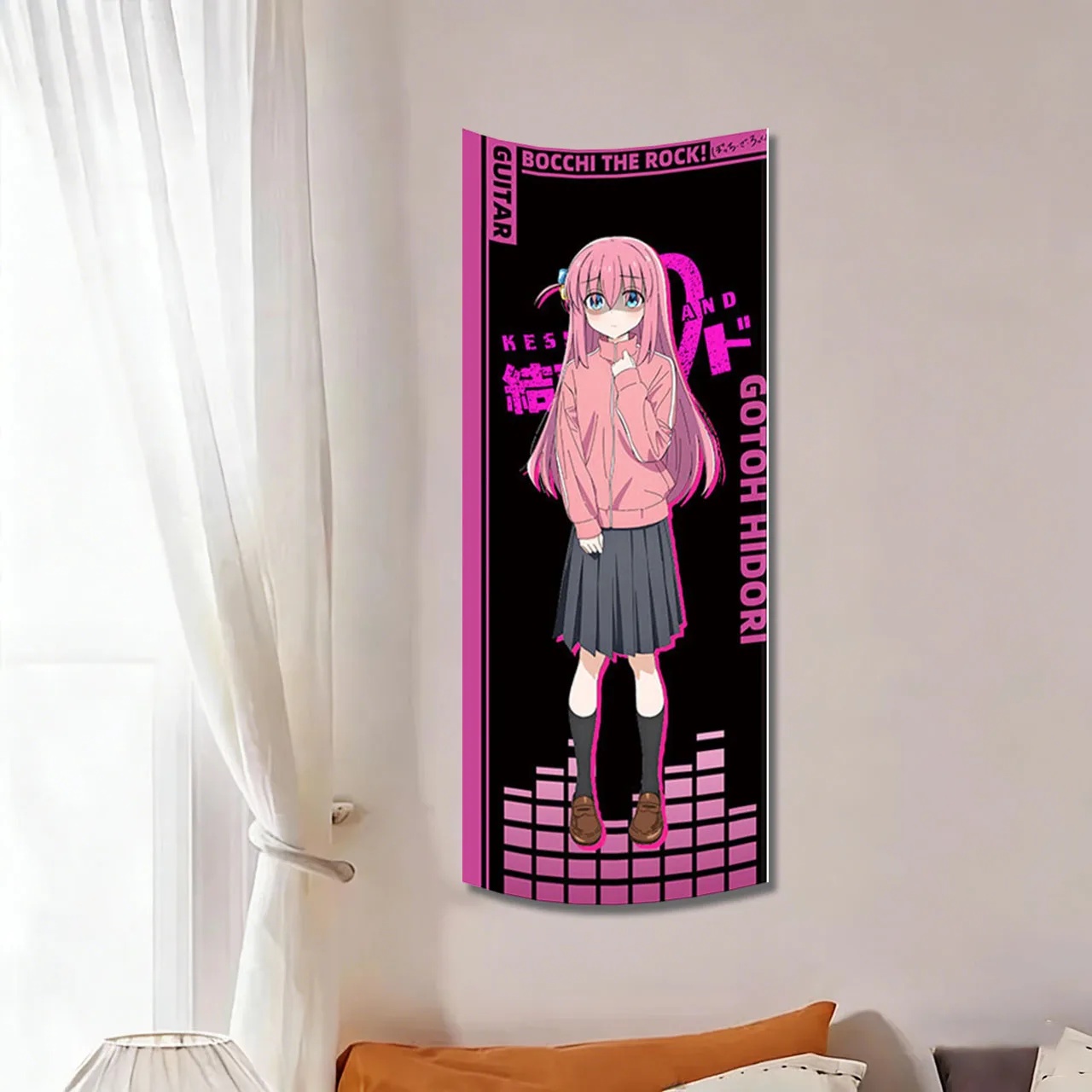Bocchi the Rock! Hitori Gotoh Vertical Tapestry, Anime Guitar Girl Wall Hanging, Pink & Black Decor for Bedroom & Dorm, Soft