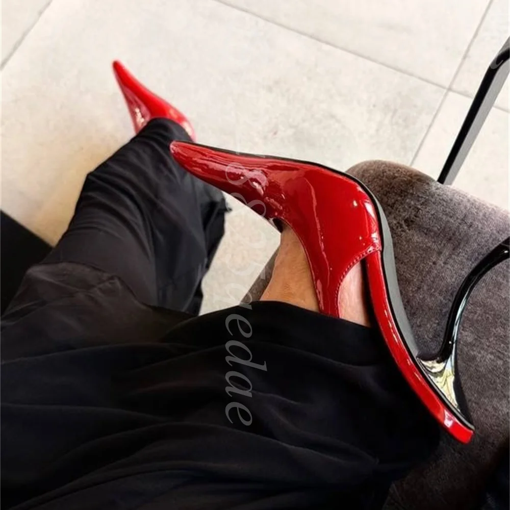 Women's Red Patent Slingback Heels Pumps Pointed Toe with Sculptural Curved Metal Heels, Adjustable Buckle Strap, Glossy Shoes