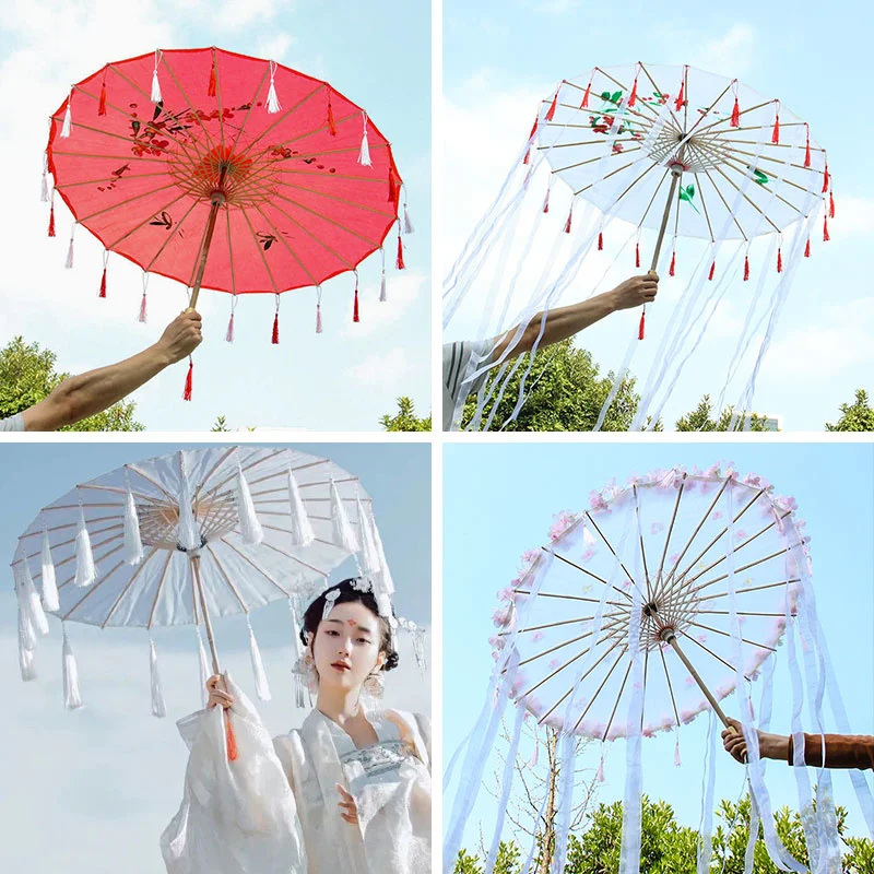 Cherry Blossom Hanfu Tassels Yarn Ancient Costume Woman Umbrella Cos Red Comic Umbrella Oiled Paper Paraguas Parasol Sombrilla