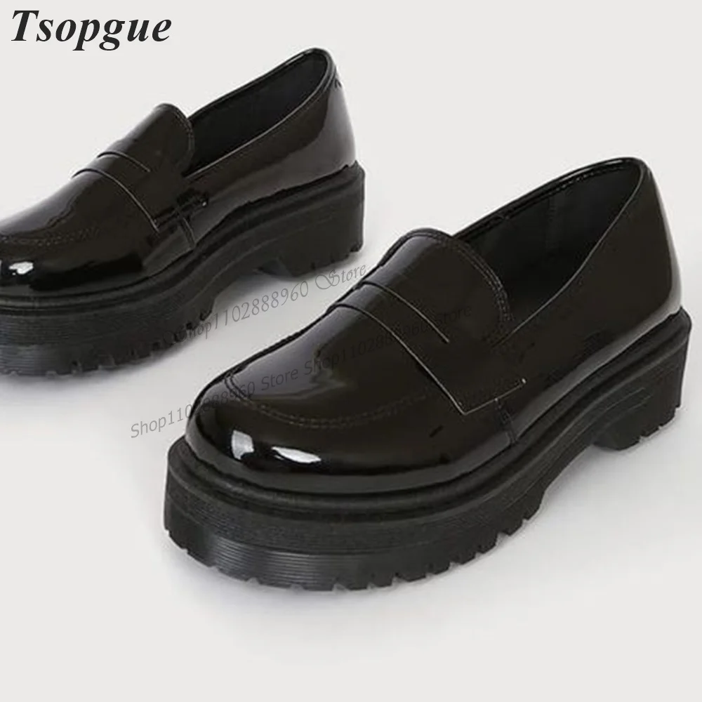 British Style Thick-Soled Black Patent Leather Men's Dress Pumps Men Shoes Slip-On Runway Casual Party Shoes Zapatillas Muje