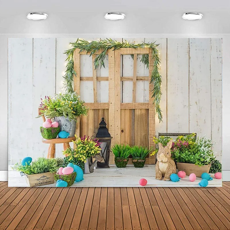 Spring Easter Photography Backdrops Wood Barn door colorful Eggs Flowers Happy Easter Background for Photo Banner Decoration