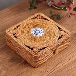 Handwoven Rattan Storage Box With Lid Chinese Knot Ornament Boxes Tea Food Container Picnic Bread Cake Basket Kitchen Organizer