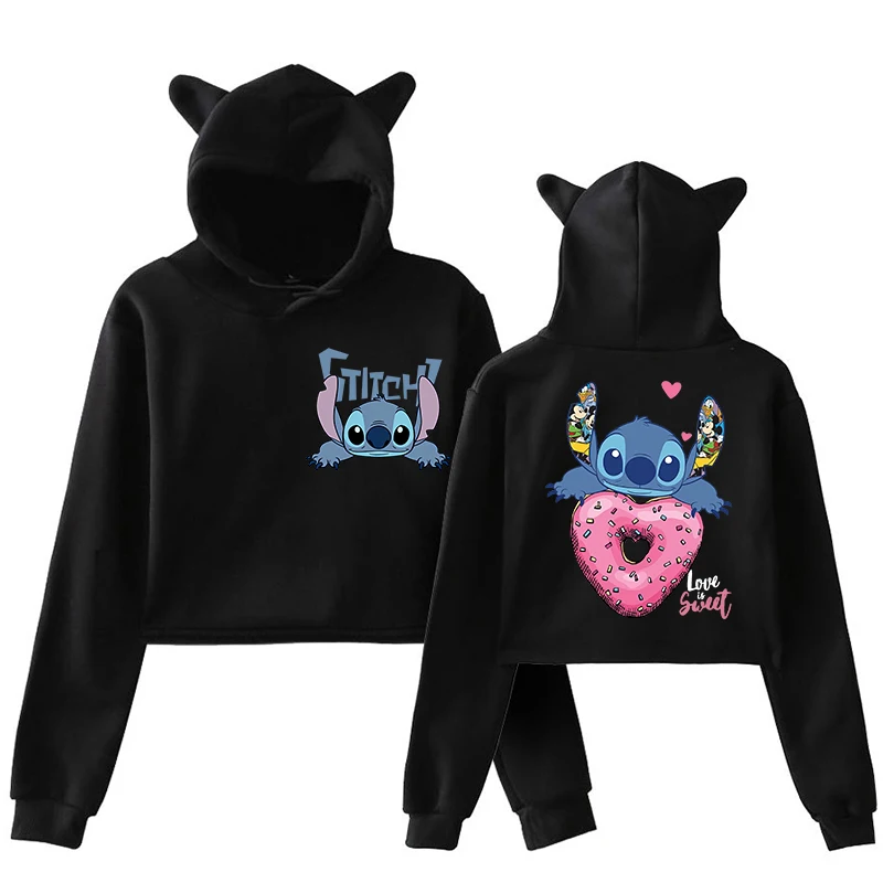 Felpe divertenti Stitch Disney felpa con cappuccio Crop Top donna felpa bambini ragazzi ragazze Harajuku Streetwear vestiti ritagliati