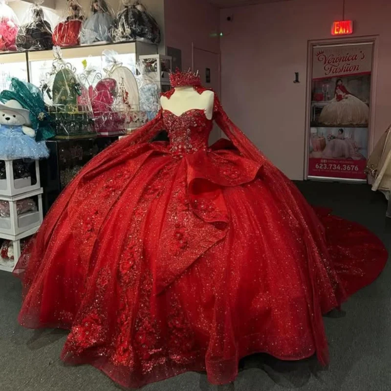 

Customized Shiny Red Quinceanera Dresses Off the Shoulder glitter applique Long tail Big Bow 3D flower Vestido 15 Quinceanera