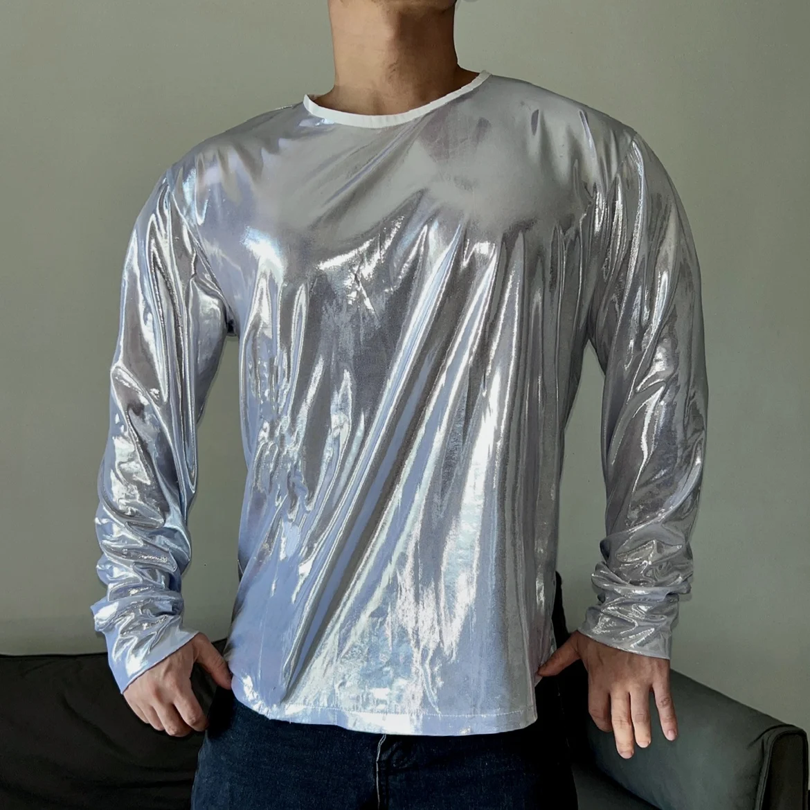 Liquid Silver Pullover Sweater Long sleeved T-shirt Nightclub Bar Bounce Performance Clothing Fitness Muscle Men's Bottom Shirt