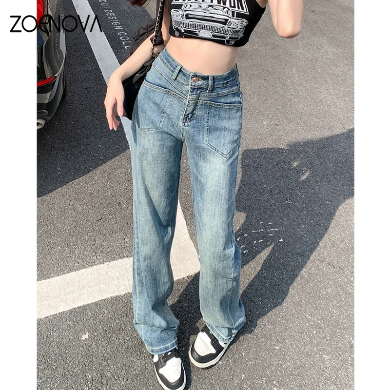 ZOENOVA moda Versatile donna Jeans a gamba larga pantaloni lunghi Cargo larghi vita alta dritto abbigliamento dimagrante Casual Street Style