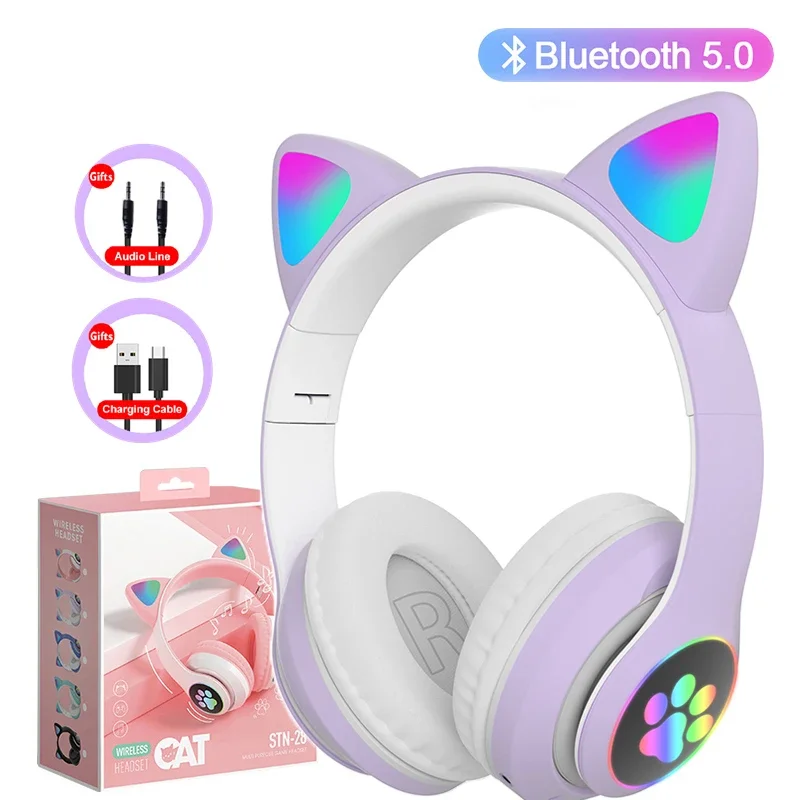 Flitslamp Leuke Kat Oren Hoofdtelefoon Bluetooth5.0 Stereo Met Microfoon Ondersteuning TF-kaart Draadloze Kinderen Meisje Oortelefoon Verjaardagscadeau
