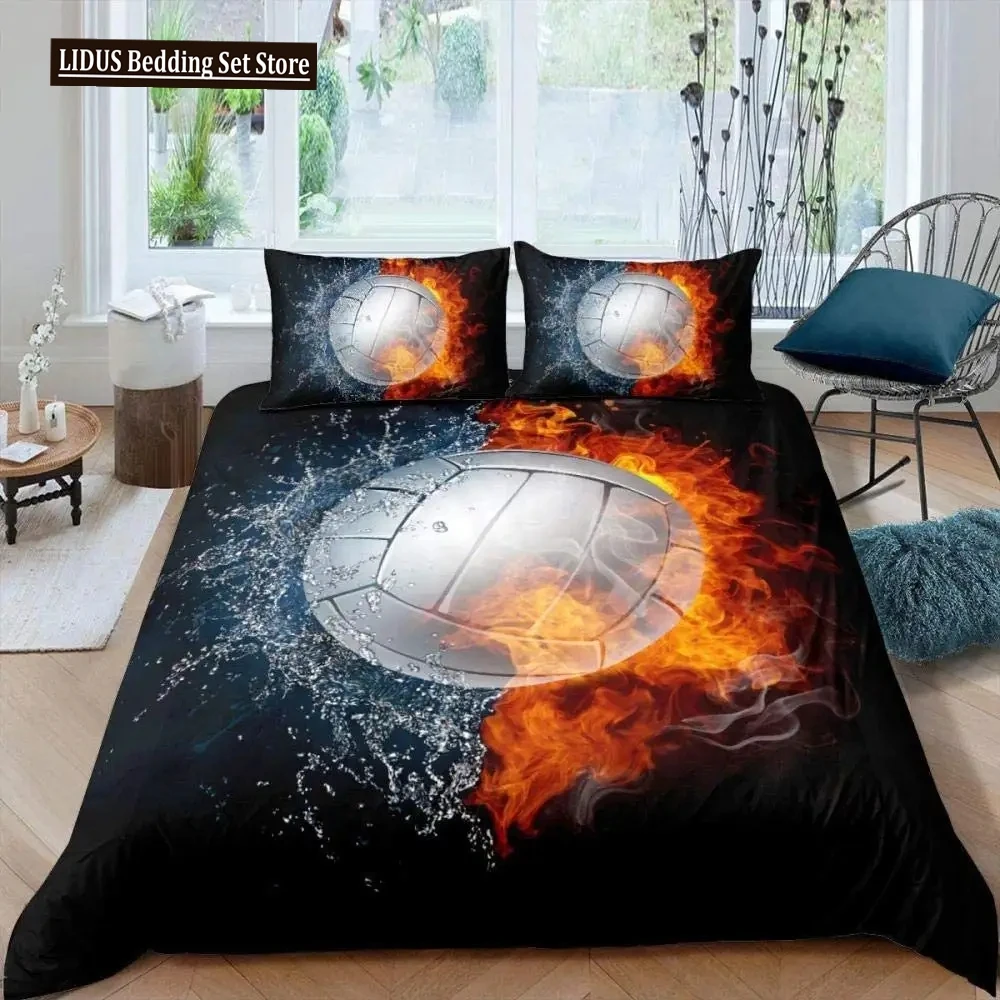 

Volleyball Duvet Cover Set Microfiber Sports Ball Theme Fire And Water Blend Volleyball Twin Bedding Set Double Queen King Size