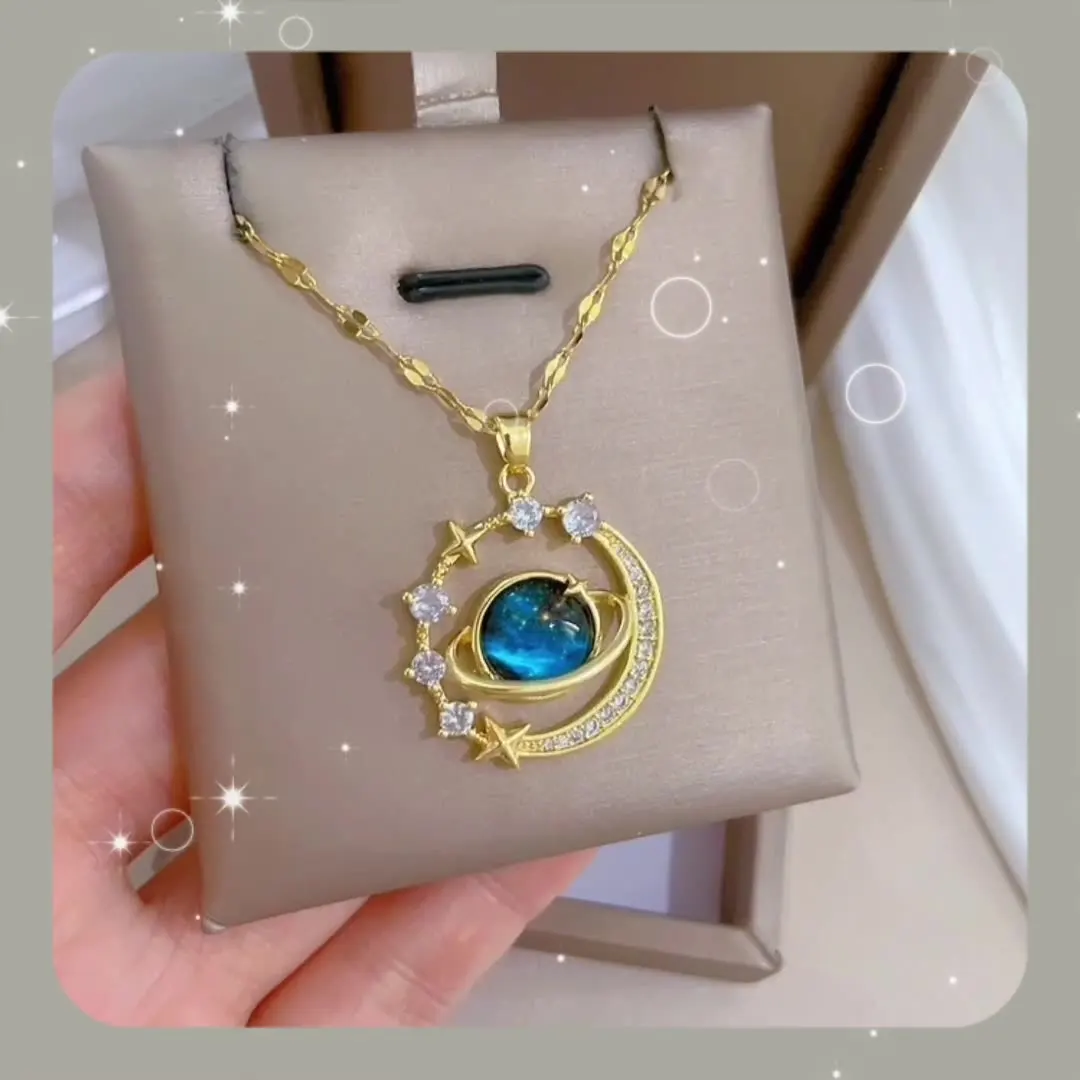 DIEYURO 316L Stainless Steel Blue Starry Planet Zircon Pendant Necklace For Women New Trend Fashion Collarbone Chain Jewelry Gif