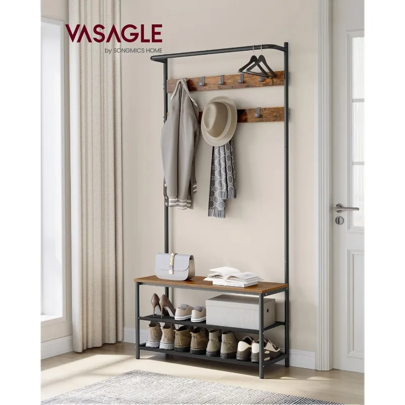 VASAGLE Coat Rack with Shoe Storage, Hall Tree,Coat Stand with Shoe Bench for Hallway,9 Movable Hooks,Top Bar,Bedroom,Industrial