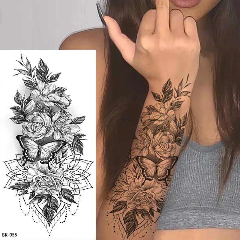 Waterproof Flower Temporary Tattoos for Women Black Floral Tattoo Stickers for Hand Arm Body Disposable Fake Tattoo Body Art