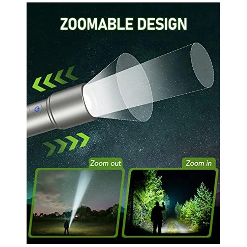 LED Rechargeable Flashlights Zoomable 9 Modes Tactical Flashlights High Lumens With Side Light, IP65 Waterproof