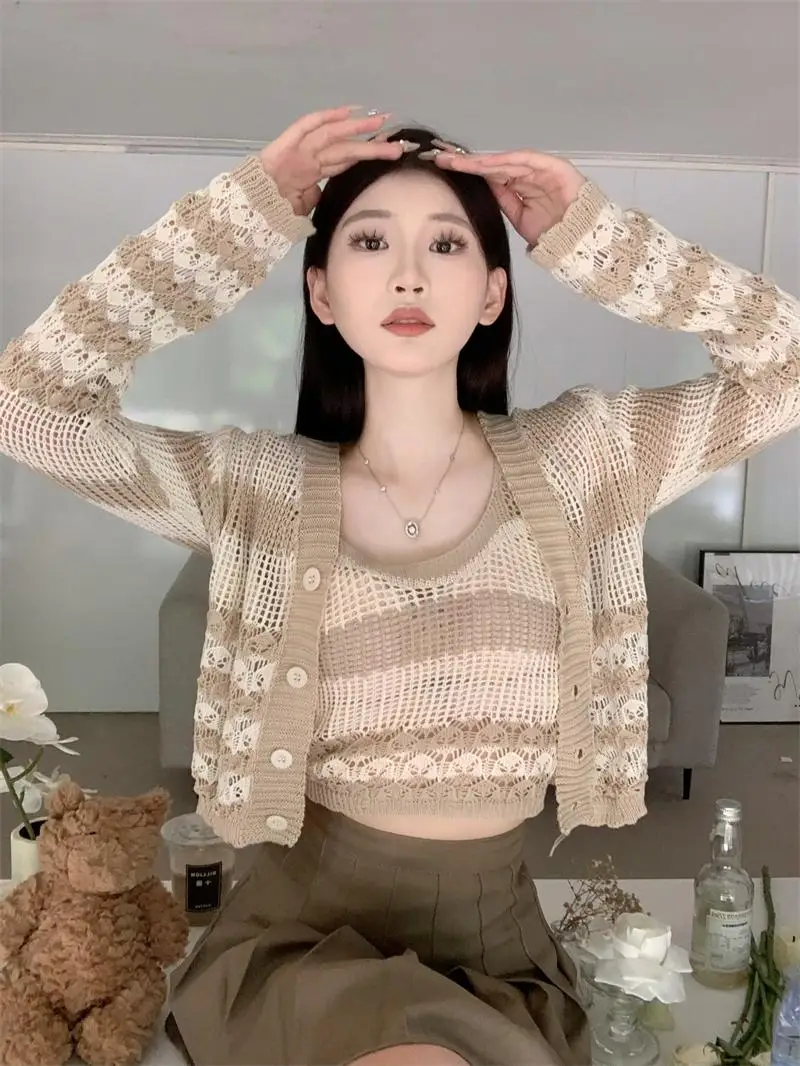 Korean Style Breathable Cardigan Knit+Tank Top Two-piece Set for Female Students Preppy Style Striped Clothes Set Woman Sweaters