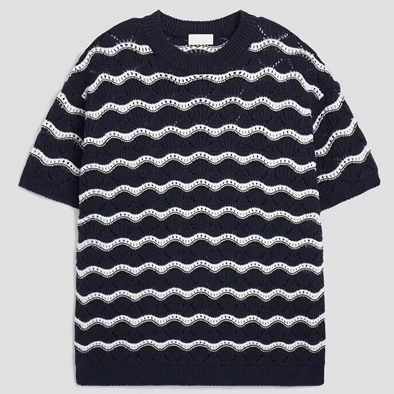 Herren Strick-T-Shirts Sommer Gestreiftes Ausgehöhltes Jacquard Kurzarm-Rundhals-Shirt Lässige T-Shirts Y2K Vintage Streetwear Oberteile – Detail 7