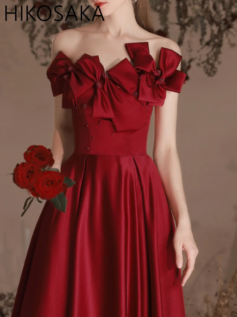 

Elegant Burgundy Evening Dresses Strapless Bow Off The Shoulder Backless Lace Up A-Line Party Wedding Celebrity Prom Gowns 2024