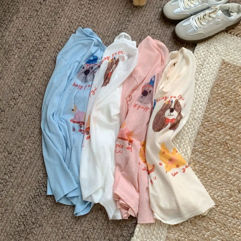

Thin Dog Print Graphic T-shirt Cartoon Loose Cartoon Animal Long Sleeved Top Ins Sunscreen Round Neck Oversized T-shirt Summer