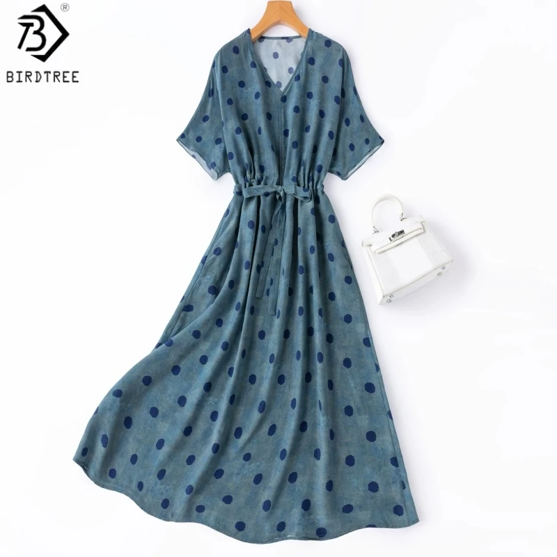 BirdTree, 100% Silk Dot Print Dress, Short Sleeve V-neck, Women Double Crepe Drawstring Loose Dresses, 2026 Summer New D65715JF