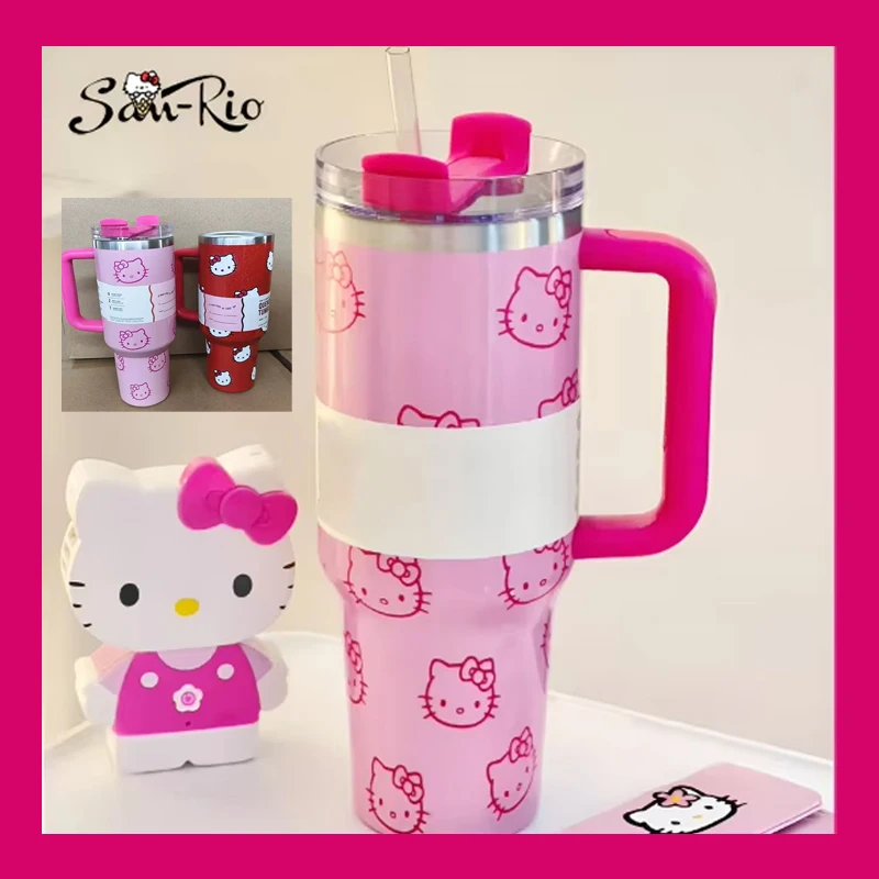 ミニソ-ステンレス鋼の断熱マグカップ,ハンドル付きピンク,ストロー,大容量,魔法瓶,飲み物,コーヒー,ハローキティ,40オンス