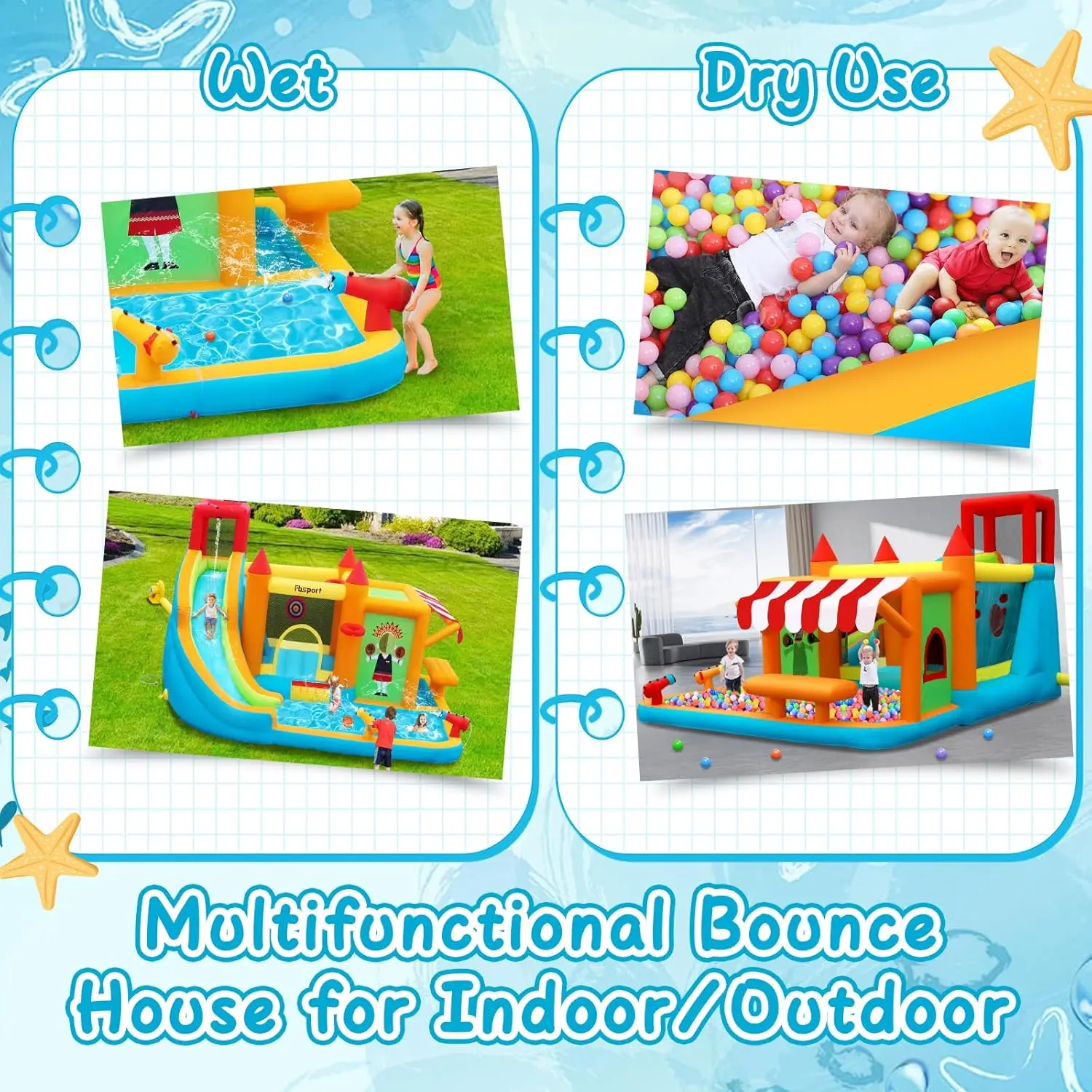 Inflatable Bounce House with Water Slide for Kids Includes Toy Market Stand Splash Pool Climbing Wall Water Gun Bouncer view 4
