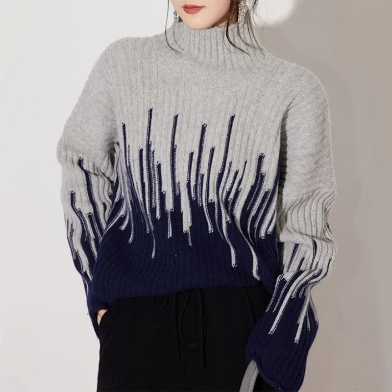 เสื้อสเวตเตอร์คอเต่าครึ่งแขนยาวเสื้อถักคอกลมเสื้อถักกันหนาวสำหรับผู้หญิงเสื้อสวมหัวทรงหลวมลำลองฤดูหนาวฤดูใบไม้ร่วง