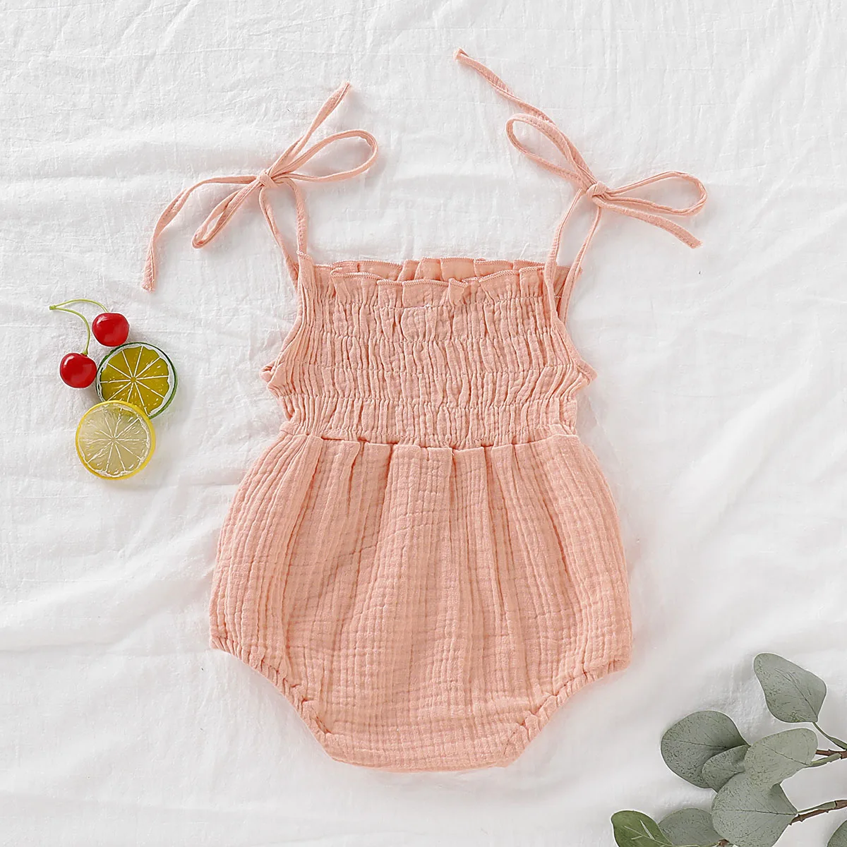 Infant Summer Cotton Sling Romper Solid Color Tie-Up Stretch Jumpsuit Baby Girls Cute Ruched Sleeveless Overall Clothes