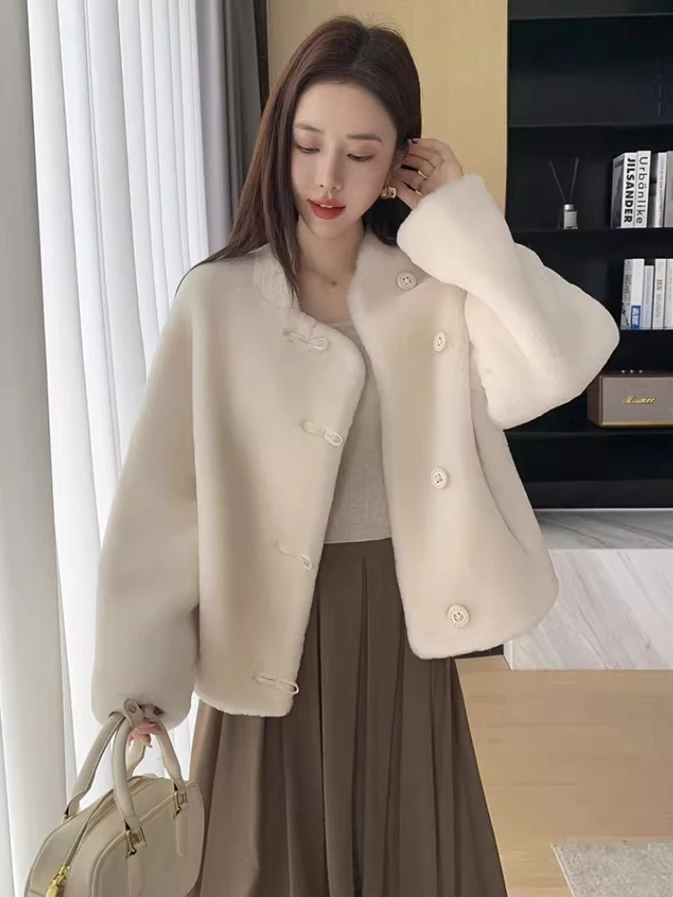 الراقية الفاخرة ميرينو الأغنام الفراء فروي الستر للنساء 2025 جديد بسيط الوقوف طوق قصيرة الشتاء جلد طبيعي معطف الفرو الحقيقي