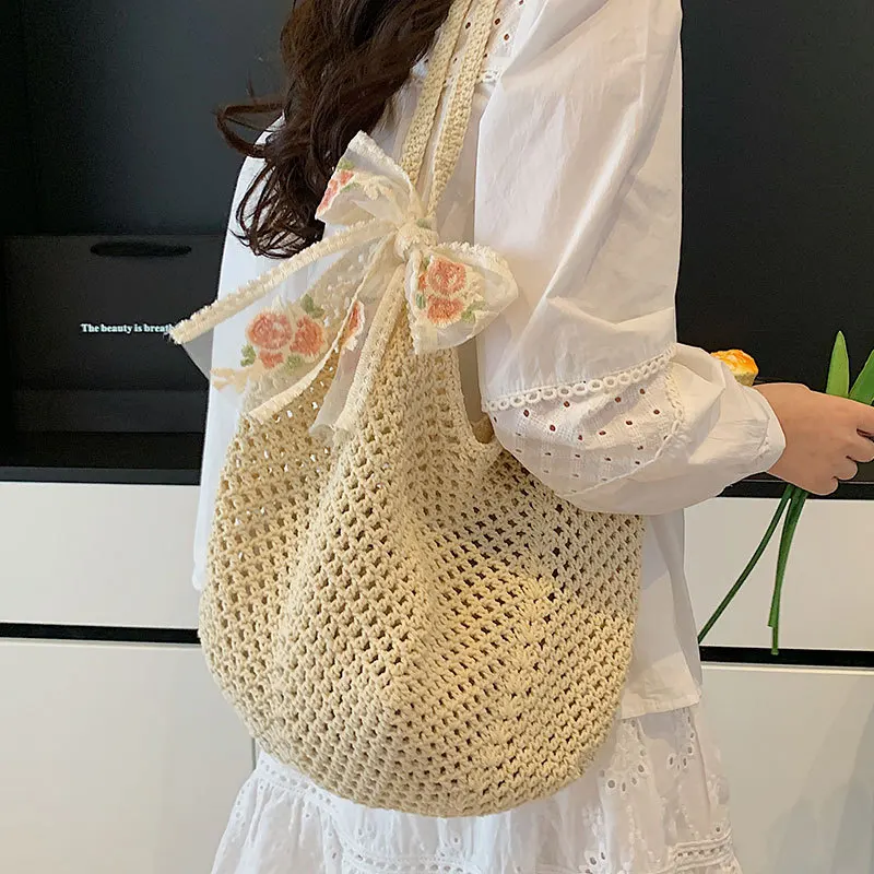 

Large Capacity Women's Cotton Thread Woven Shoulder Bag Summer Hollow Out Female Straw Beach Tote Bag Vacation Portable Handbags