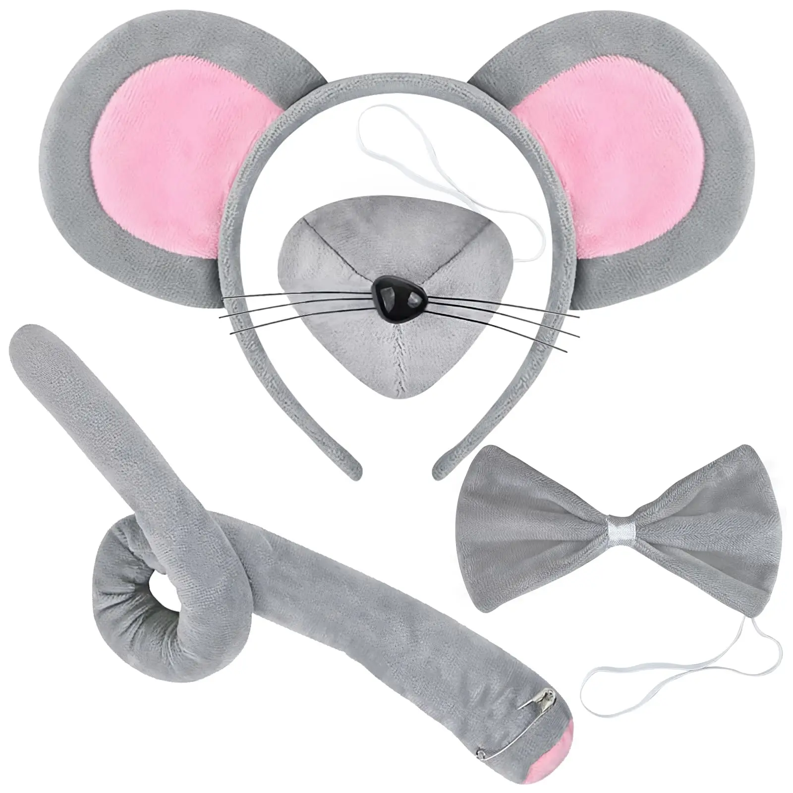 Mouse Costume Accessory Set,Rat Costume Set,Mouse Costume Set Includes Ear Headband,Tail,Nose,Bow Tie for Halloween