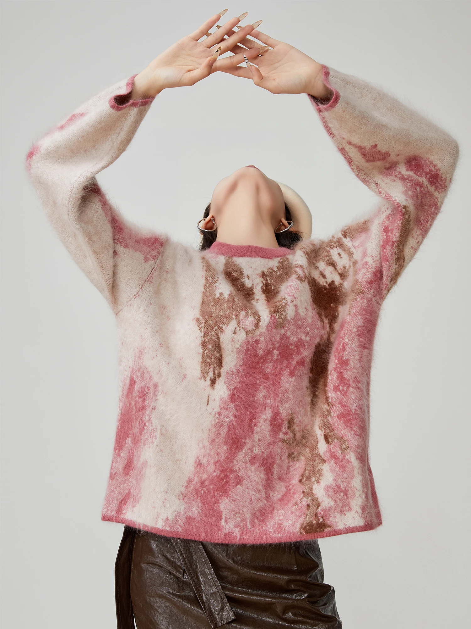 

Pink Knitted round Ne Loose Fit Sweater Women's Spring New Sle Comfortable Soft Overhead Sweater Trendy Polyester Fiber