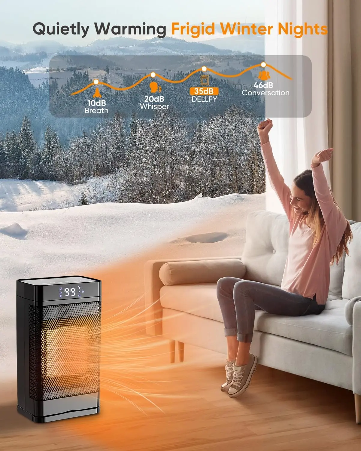 سخان مساحة سيراميك محمول PTC، 1500 وات، 99 ° F، مؤقت لمدة 13 ساعة، أسود