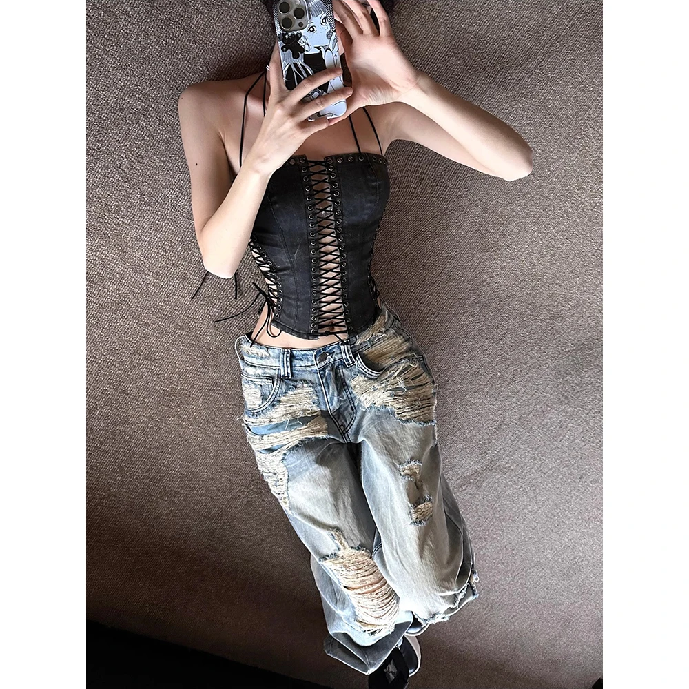 

Американские винтажные джинсы High Street для женщин, новые прямые брюки в пол с низкой посадкой в стиле ретро, популярные готические широкие брюки с низкой талией