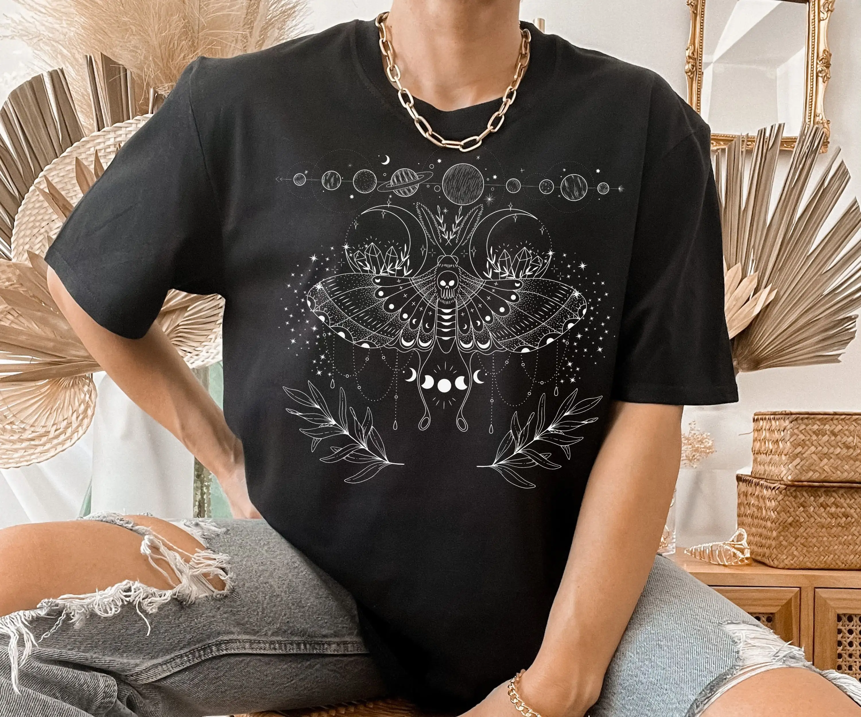 

Cute Vintage Look Cottagecore T Shirt Mystical Retro Moon Phase Moth For Fairycore Fans Celestial Forestcore Top