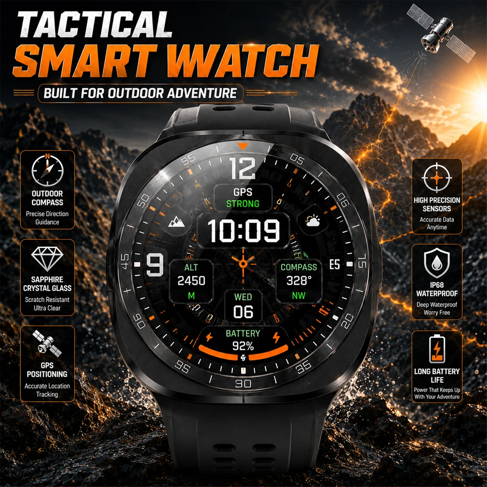 2026 Rugged Outdoor Smart Watch AMOLED Display IP68 Waterproof Compass Health Tracker Long Battery Fitness Watch Men Women Watch