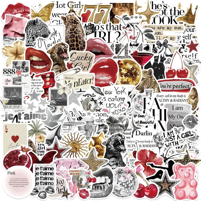 

10/30/50/100PCS Silver golds Lucky Girl Sticky PVC Sticker Aesthetic DIY Decoration Scrapbooking Hand Accounting Supplies