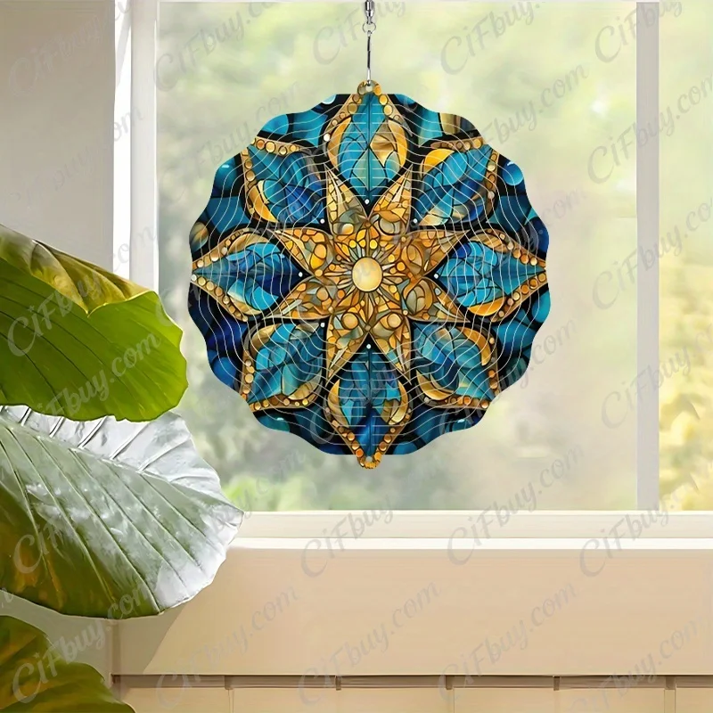 CIFBUY Wind Chime Blue Yellow Flower Bohemian 2D 360° Rotating Stainless Steel Spinner Outdoor Garden Yard Porch Hanging Decor G