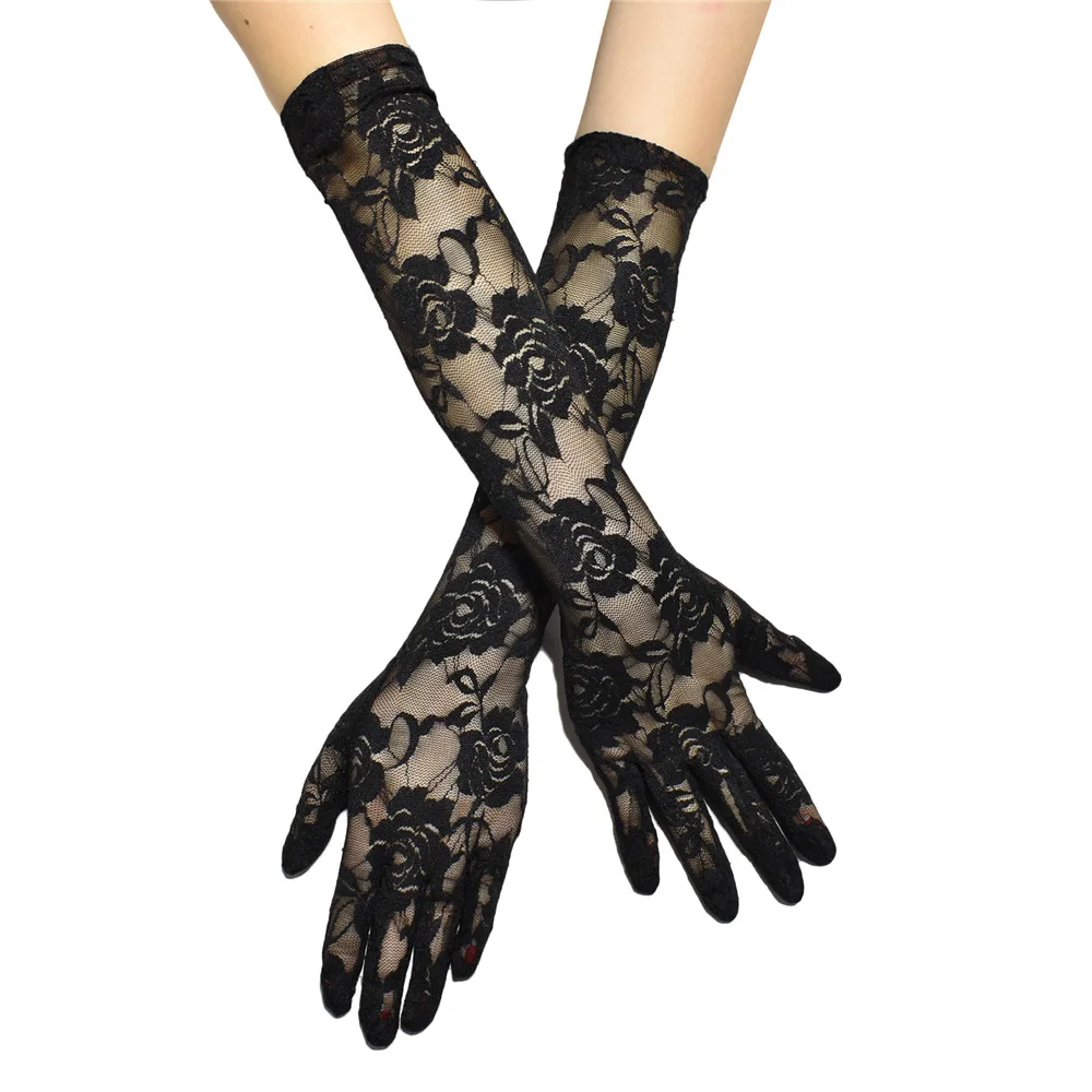 Fashion Retro Black Lace Floral Long Gloves Women Sexy Thin Transparent Elasticity Mesh Punk Wedding Stage Performance Cosplay