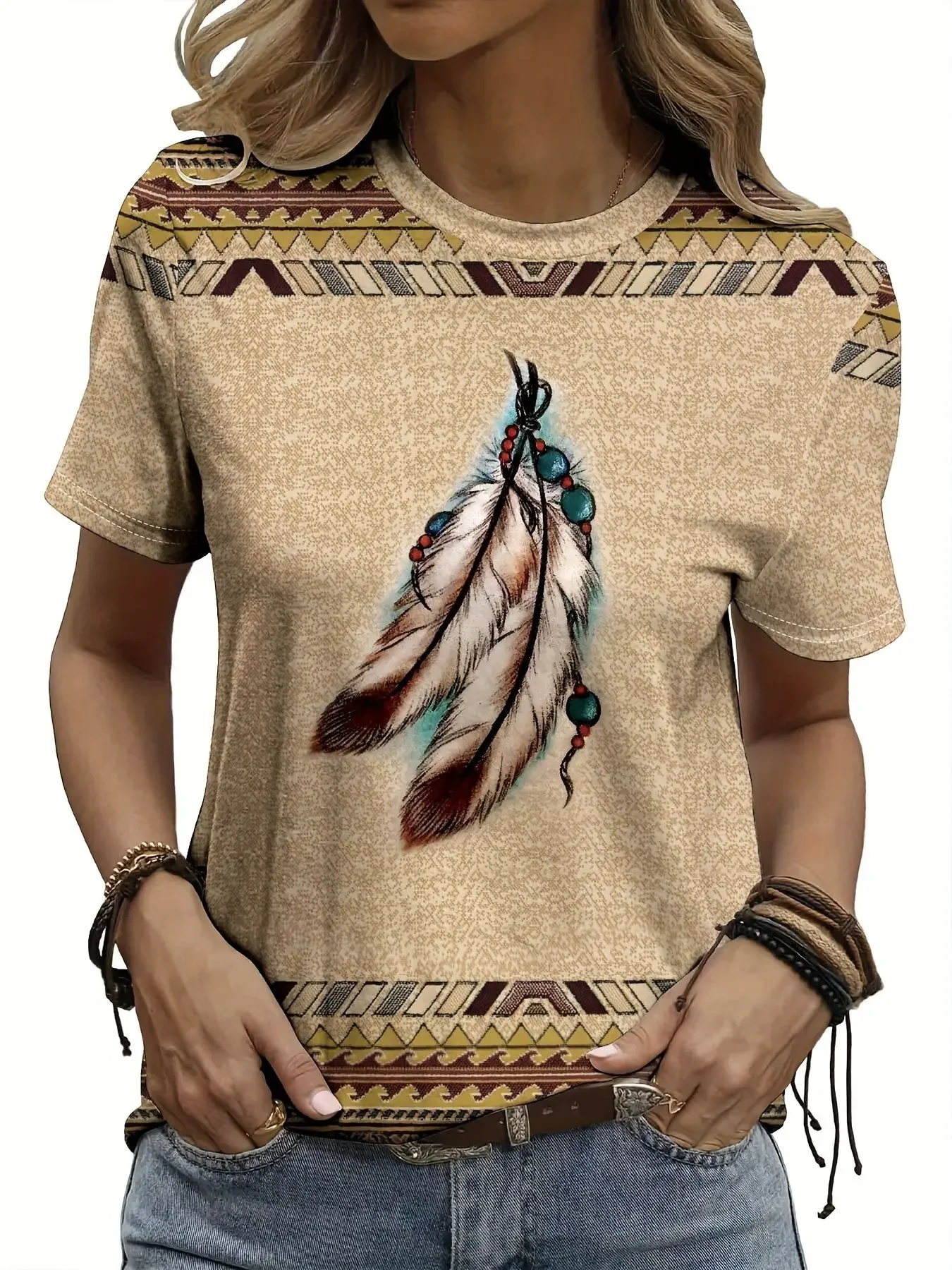 Y2K Women's Western Ethnic T-shirt Vintage Tribal Dreamcatcher Feather Print Short Sleeve Crew Neck Casual Tee Top For Men